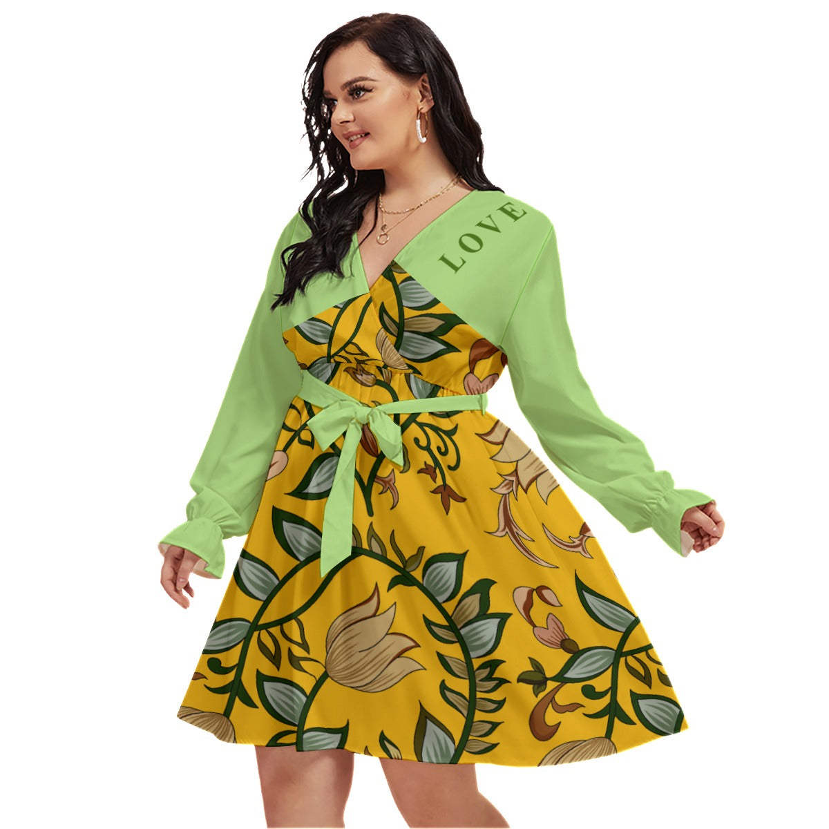 All-Over Print Women's V-neck Dress With Waistband(Plus Size)