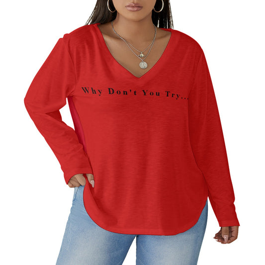 All-Over Print Women's V-neck T-shirt With Curved Hem(Plus Size)