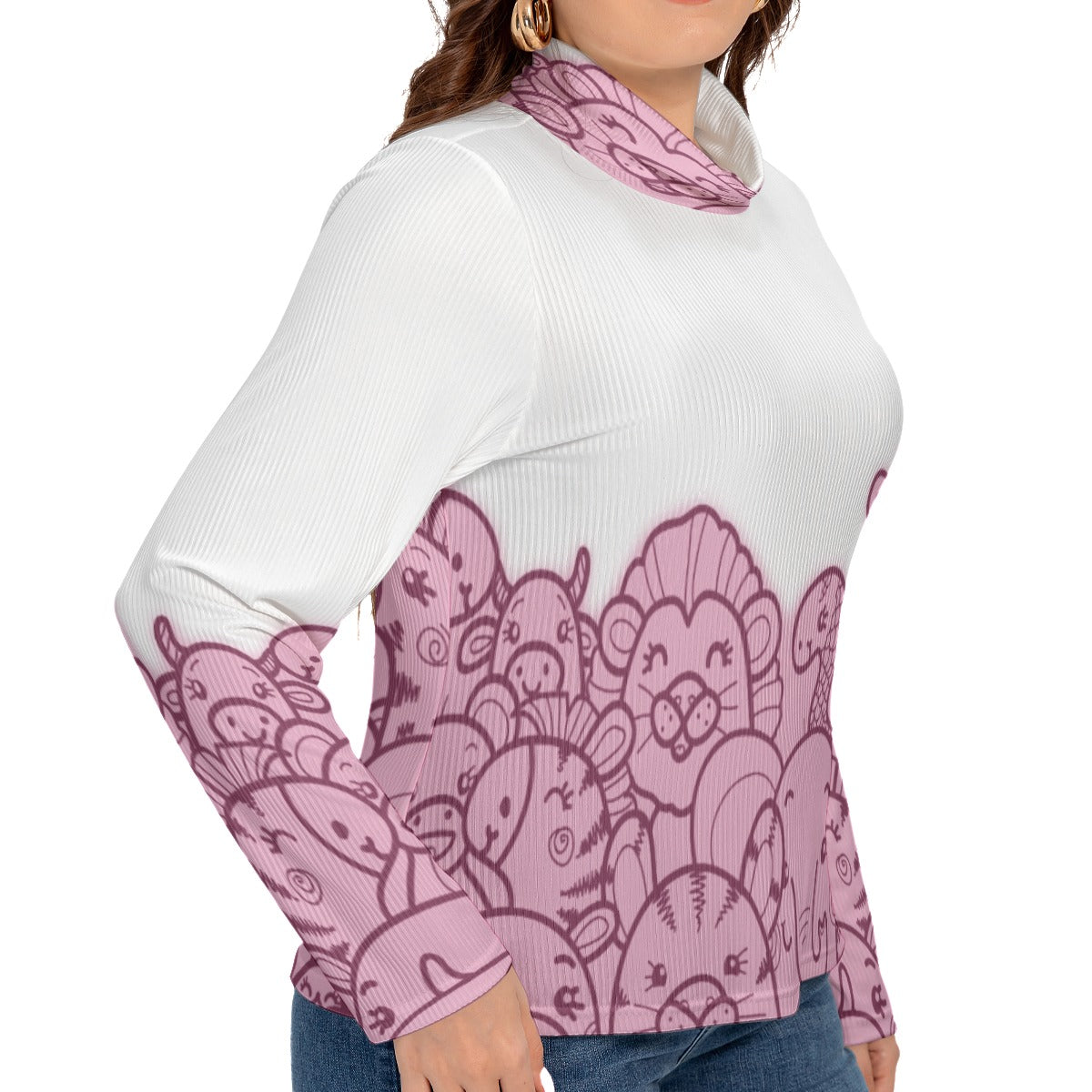 All-Over Print Women's Turtleneck T-shirt With Long Sleeve(Plus Size)