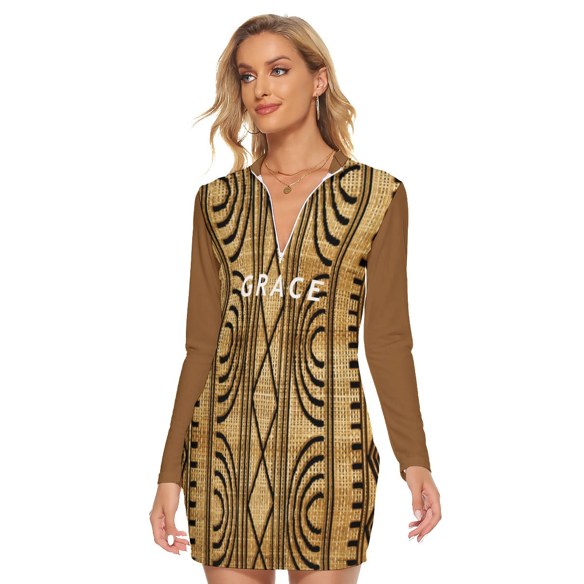 All-Over Print Women's Zip Front Tight Dress