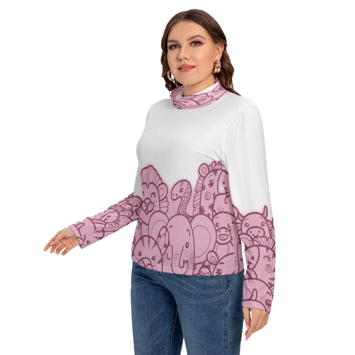 All-Over Print Women's Turtleneck T-shirt With Long Sleeve(Plus Size)