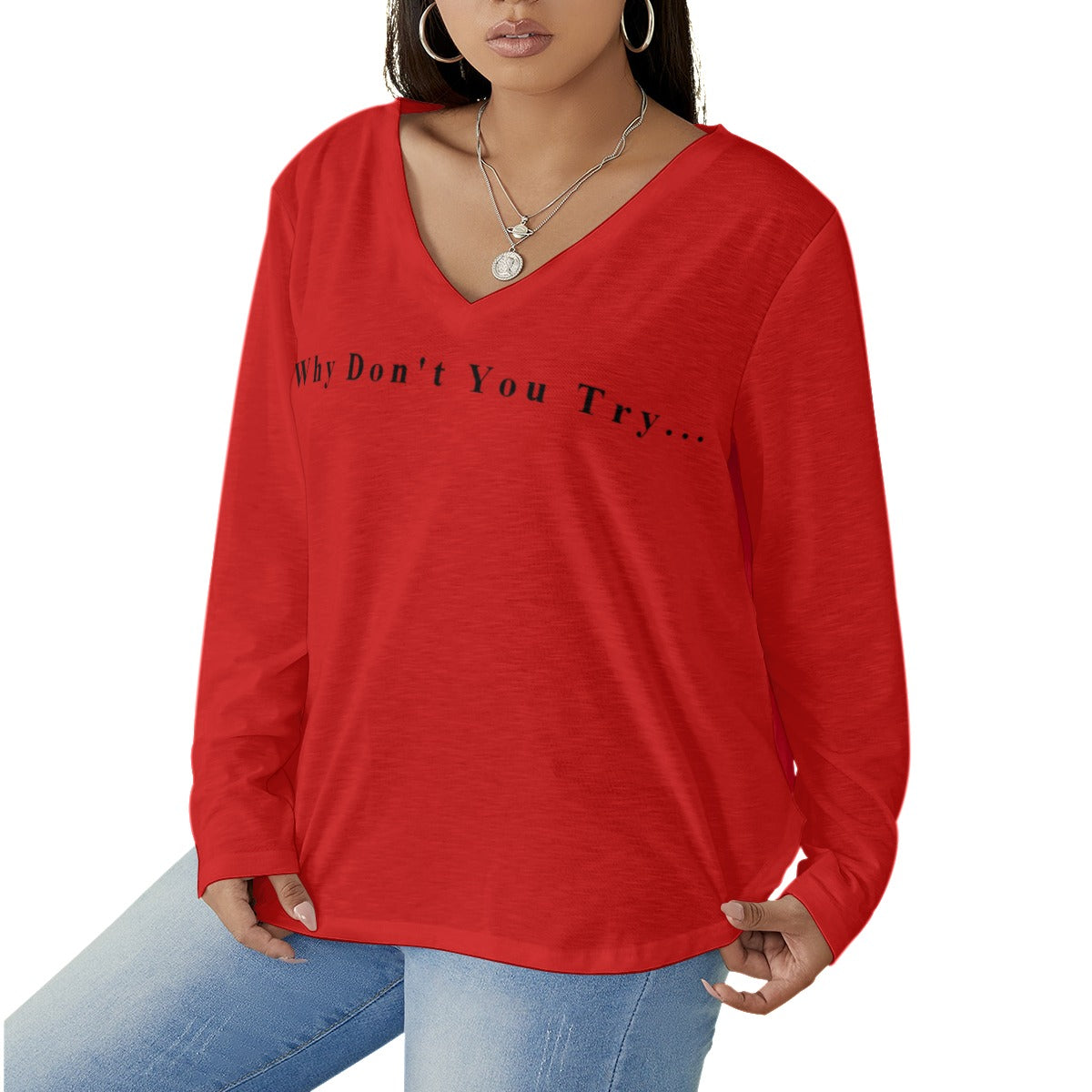 All-Over Print Women's V-neck T-shirt With Curved Hem(Plus Size)