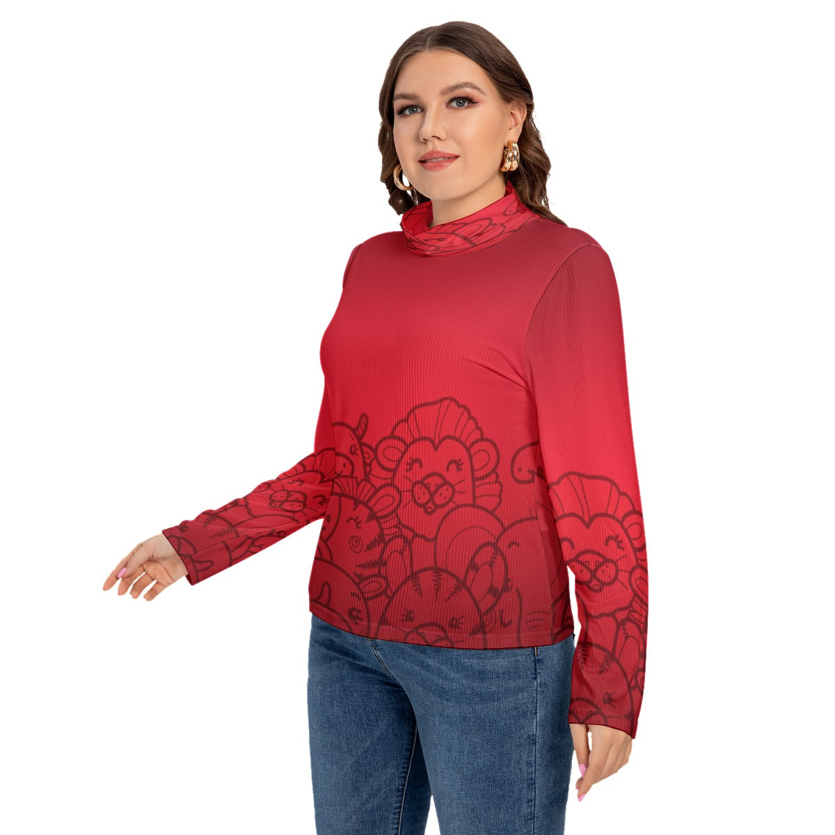 All-Over Print Women's Turtleneck T-shirt With Long Sleeve(Plus Size)