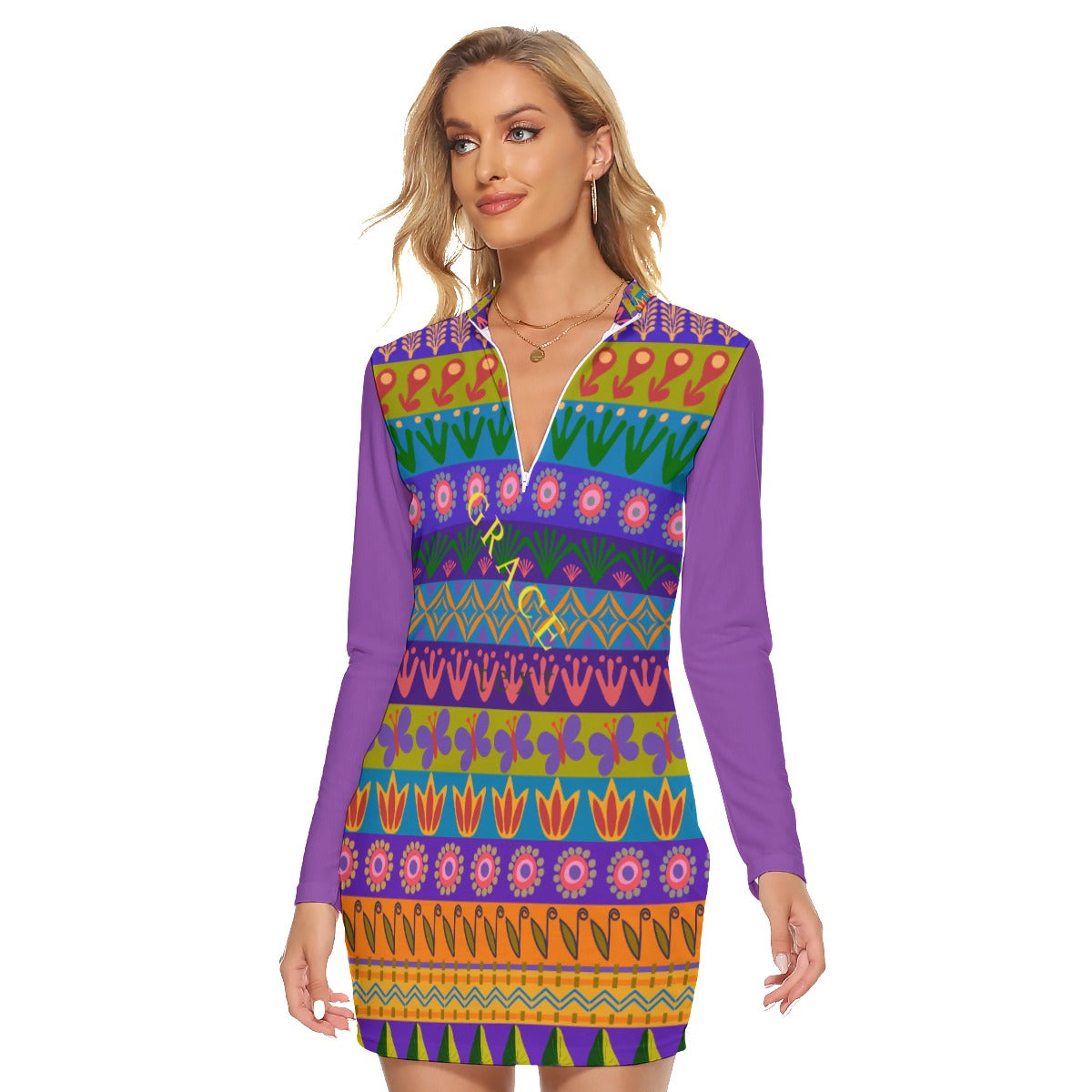 All-Over Print Women's Zip Front Tight Dress