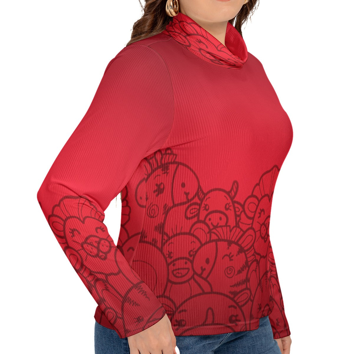 All-Over Print Women's Turtleneck T-shirt With Long Sleeve(Plus Size)