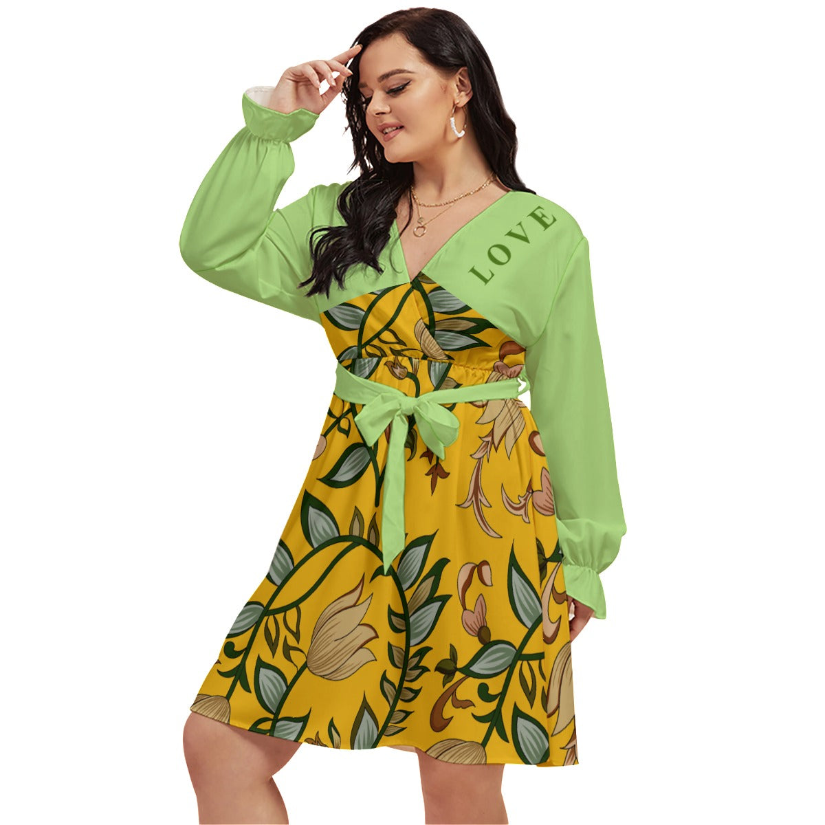 All-Over Print Women's V-neck Dress With Waistband(Plus Size)