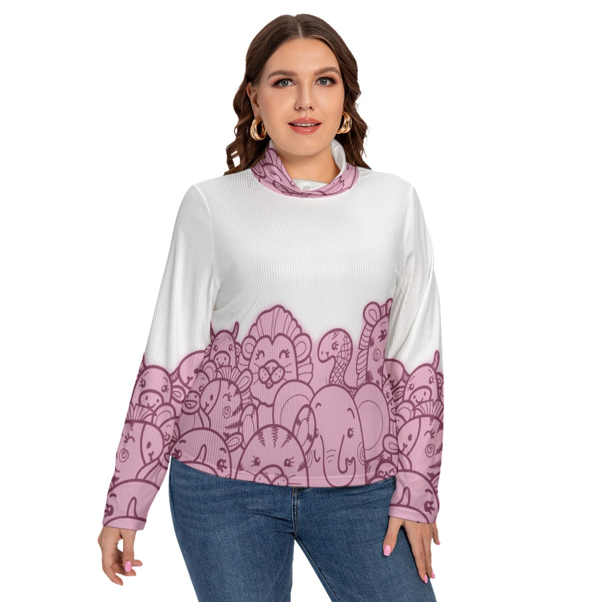 All-Over Print Women's Turtleneck T-shirt With Long Sleeve(Plus Size)