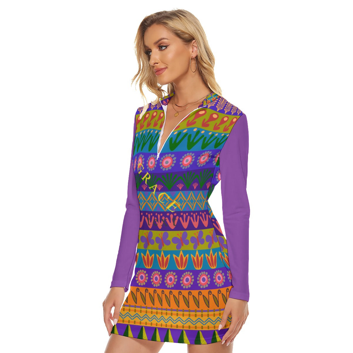 All-Over Print Women's Zip Front Tight Dress