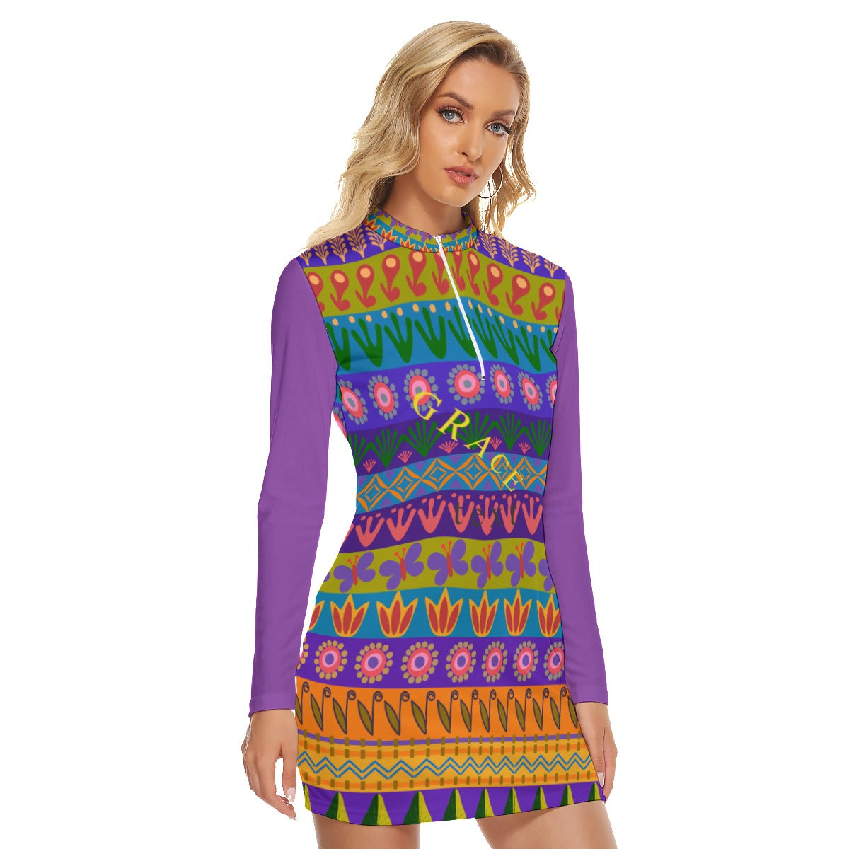 All-Over Print Women's Zip Front Tight Dress