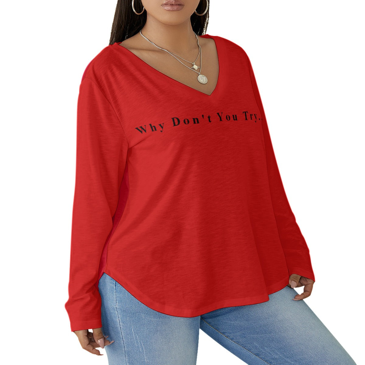 All-Over Print Women's V-neck T-shirt With Curved Hem(Plus Size)